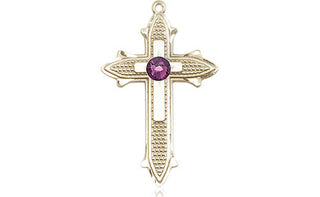 14kt Gold Filled Cross on Cross Pendant with a 3mm Amethyst Swarovski stone on an 18-inch Gold Filled Light Curb Chain Engraved Catholic Saint Jewelry