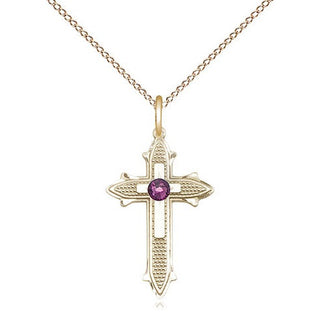 14kt Gold Filled Cross on Cross | 3mm Amethyst Swarovski stone | 18-inch Gold Filled Chain | Engravable