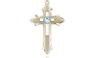 14kt Gold Filled Cross on Cross Pendant with a 3mm Aqua Swarovski stone on an 18-inch Gold Filled Light Curb Chain Engraved Catholic Saint Jewelry