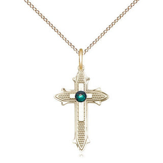 14kt Gold Filled Cross on Cross | 3mm Emerald Swarovski stone | 18-inch Gold Filled Chain | Engravable