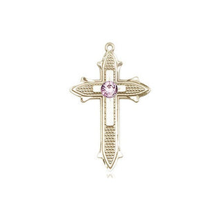 14kt Gold Filled Cross on Cross Pendant with a 3mm Light Amethyst Swarovski stone on an 18-inch Gold Filled Light Curb Chain Engraved Catholic Saint Jewelry