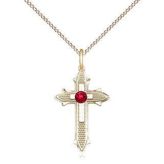 14kt Gold Filled Cross on Cross | 3mm Ruby Swarovski stone | 18-inch Gold Filled Chain | Engravable
