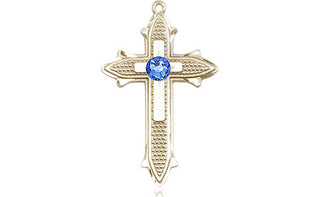 14kt Gold Filled Cross on Cross Pendant with a 3mm Sapphire Swarovski stone on an 18-inch Gold Filled Light Curb Chain Engraved Catholic Saint Jewelry