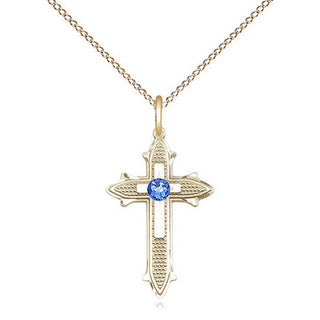 14kt Gold Filled Cross on Cross | 3mm Sapphire Swarovski stone | 18-inch Gold Filled Chain | Engravable