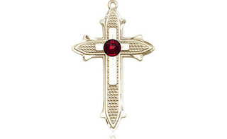 14kt Gold Cross on Cross Medal with a 3mm Garnet Swarovski stone Engraved Catholic Saint Jewelry