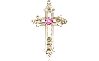 14kt Gold Cross on Cross Medal with a 3mm Rose Swarovski stone Engraved Catholic Saint Jewelry
