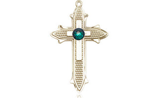 14kt Gold Cross on Cross Medal with a 3mm Emerald Swarovski stone Engraved Catholic Saint Jewelry