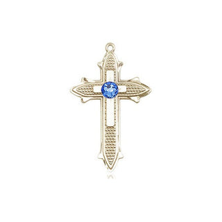 14kt Gold Cross on Cross Medal with a 3mm Sapphire Swarovski stone Engraved Catholic Saint Jewelry