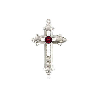 Sterling Silver Cross on Cross Pendant with a 3mm Garnet Swarovski stone on an 18-inch Sterling Silver Light Curb Chain Engraved Catholic Saint Jewelry