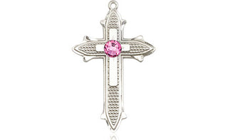 Sterling Silver Cross on Cross Pendant with a 3mm Rose Swarovski stone on an 18-inch Sterling Silver Light Curb Chain Engraved Catholic Saint Jewelry