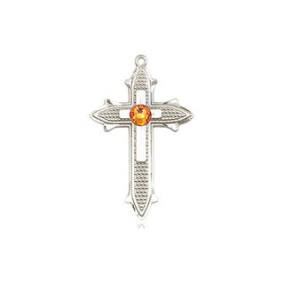 Sterling Silver Cross on Cross Pendant with a 3mm Topaz Swarovski stone on an 18-inch Sterling Silver Light Curb Chain Engraved Catholic Saint Jewelry