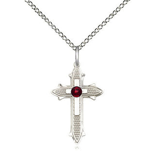Sterling Silver Cross on Cross | 3mm Garnet Swarovski stone | 18-inch Sterling Silver Chain | Engravable