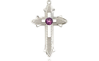 Sterling Silver Cross on Cross Pendant with a 3mm Amethyst Swarovski stone on an 18-inch Sterling Silver Light Curb Chain Engraved Catholic Saint Jewelry