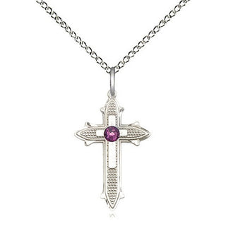 Sterling Silver Cross on Cross | 3mm Amethyst Swarovski stone | 18-inch Sterling Silver Chain | Engravable