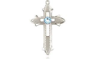 Sterling Silver Cross on Cross Pendant with a 3mm Aqua Swarovski stone on an 18-inch Sterling Silver Light Curb Chain Engraved Catholic Saint Jewelry