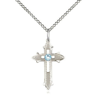 Sterling Silver Cross on Cross | 3mm Aqua Swarovski stone | 18-inch Sterling Silver Chain | Engravable