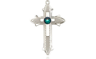 Sterling Silver Cross on Cross Pendant with a 3mm Emerald Swarovski stone on an 18-inch Sterling Silver Light Curb Chain Engraved Catholic Saint Jewelry