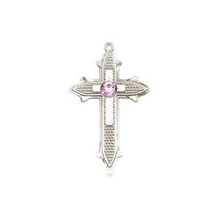 Sterling Silver Cross on Cross Pendant with a 3mm Light Amethyst Swarovski stone on an 18-inch Sterling Silver Light Curb Chain Engraved Catholic Saint Jewelry