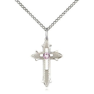 Sterling Silver Cross on Cross | 3mm Light Amethyst Swarovski stone | 18-inch Sterling Silver Chain | Engravable