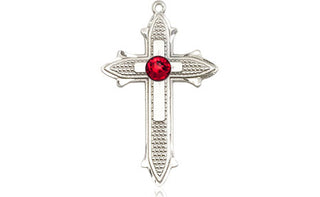 Sterling Silver Cross on Cross Pendant with a 3mm Ruby Swarovski stone on an 18-inch Sterling Silver Light Curb Chain Engraved Catholic Saint Jewelry