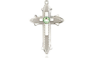 Sterling Silver Cross on Cross Pendant with a 3mm Peridot Swarovski stone on an 18-inch Sterling Silver Light Curb Chain Engraved Catholic Saint Jewelry
