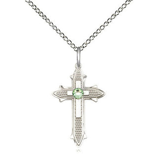 Sterling Silver Cross on Cross | 3mm Peridot Swarovski stone | 18-inch Sterling Silver Chain | Engravable