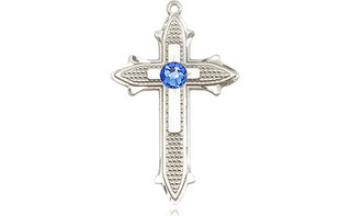 Sterling Silver Cross on Cross Pendant with a 3mm Sapphire Swarovski stone on an 18-inch Sterling Silver Light Curb Chain Engraved Catholic Saint Jewelry
