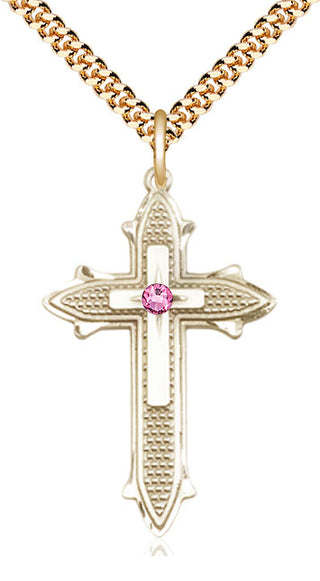 14kt Gold Filled Cross on Cross | 3mm Rose Swarovski stone | 24-inch Gold Plate Chain | Engravable