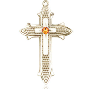 14kt Gold Filled Cross on Cross Pendant with a 3mm Topaz Swarovski stone on an 24-inch Gold Plate Heavy Curb Chain Engraved Catholic Saint Jewelry