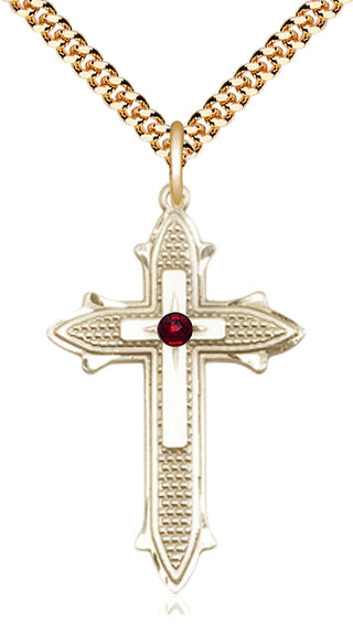 14kt Gold Filled Cross on Cross | 3mm Garnet Swarovski stone | 24-inch Gold Plate Chain | Engravable
