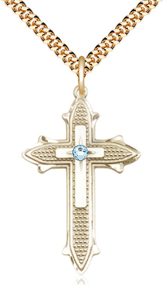 14kt Gold Filled Cross on Cross | 3mm Aqua Swarovski stone | 24-inch Gold Plate Chain | Engravable