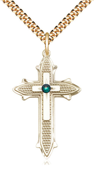 14kt Gold Filled Cross on Cross | 3mm Emerald Swarovski stone | 24-inch Gold Plate Chain | Engravable
