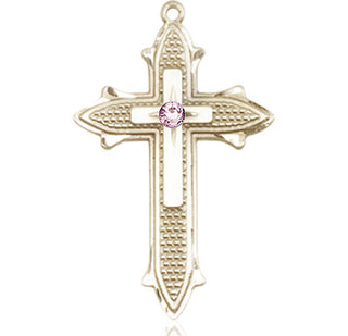 14kt Gold Filled Cross on Cross Pendant with a 3mm Light Amethyst Swarovski stone on an 24-inch Gold Plate Heavy Curb Chain Engraved Catholic Saint Jewelry