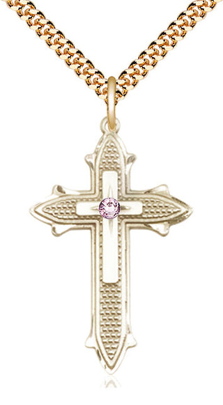 14kt Gold Filled Cross on Cross | 3mm Light Amethyst Swarovski stone | 24-inch Gold Plate Chain | Engravable
