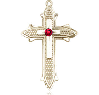 14kt Gold Filled Cross on Cross Pendant with a 3mm Ruby Swarovski stone on an 24-inch Gold Plate Heavy Curb Chain Engraved Catholic Saint Jewelry