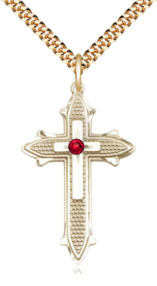 14kt Gold Filled Cross on Cross | 3mm Ruby Swarovski stone | 24-inch Gold Plate Chain | Engravable