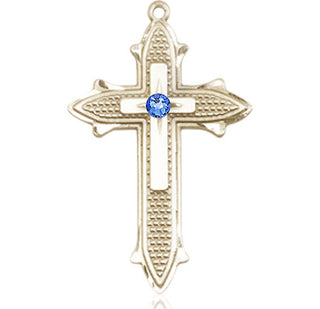 14kt Gold Filled Cross on Cross Pendant with a 3mm Sapphire Swarovski stone on an 24-inch Gold Plate Heavy Curb Chain Engraved Catholic Saint Jewelry