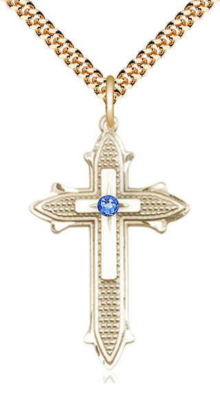 14kt Gold Filled Cross on Cross | 3mm Sapphire Swarovski stone | 24-inch Gold Plate Chain | Engravable