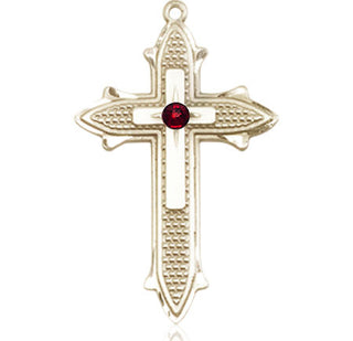 14kt Gold Cross on Cross Medal with a 3mm Garnet Swarovski stone Engraved Catholic Saint Jewelry