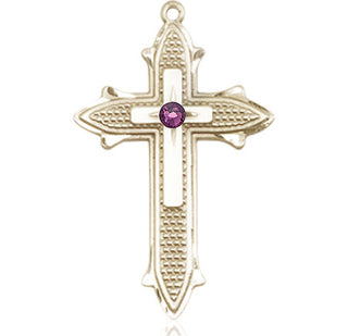 14kt Gold Cross on Cross Medal with a 3mm Amethyst Swarovski stone Engraved Catholic Saint Jewelry