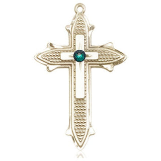 14kt Gold Cross on Cross Medal with a 3mm Emerald Swarovski stone Engraved Catholic Saint Jewelry