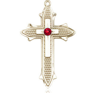 14kt Gold Cross on Cross Medal with a 3mm Ruby Swarovski stone Engraved Catholic Saint Jewelry
