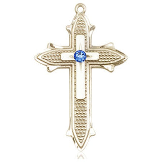 14kt Gold Cross on Cross Medal with a 3mm Sapphire Swarovski stone Engraved Catholic Saint Jewelry