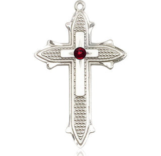 Sterling Silver Cross on Cross Pendant with a 3mm Garnet Swarovski stone on an 24-inch Light Rhodium Heavy Curb Chain Engraved Catholic Saint Jewelry