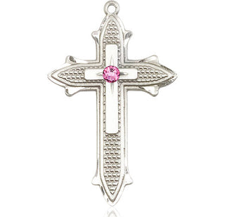 Sterling Silver Cross on Cross Pendant with a 3mm Rose Swarovski stone on an 24-inch Light Rhodium Heavy Curb Chain Engraved Catholic Saint Jewelry