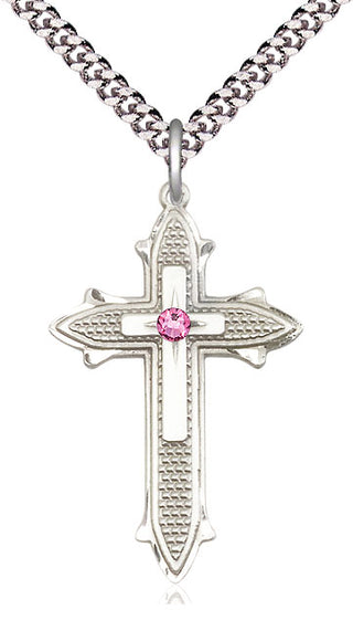 Sterling Silver Cross on Cross | 3mm Rose Swarovski stone | 24-inch Light Rhodium Chain | Engravable
