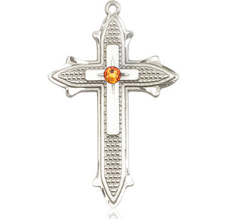 Sterling Silver Cross on Cross Pendant with a 3mm Topaz Swarovski stone on an 24-inch Light Rhodium Heavy Curb Chain Engraved Catholic Saint Jewelry
