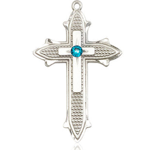 Sterling Silver Cross on Cross Pendant with a 3mm Zircon Swarovski stone on an 24-inch Light Rhodium Heavy Curb Chain Engraved Catholic Saint Jewelry