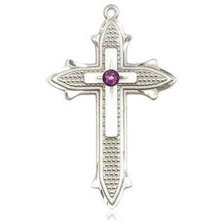 Sterling Silver Cross on Cross Pendant with a 3mm Amethyst Swarovski stone on an 24-inch Light Rhodium Heavy Curb Chain Engraved Catholic Saint Jewelry