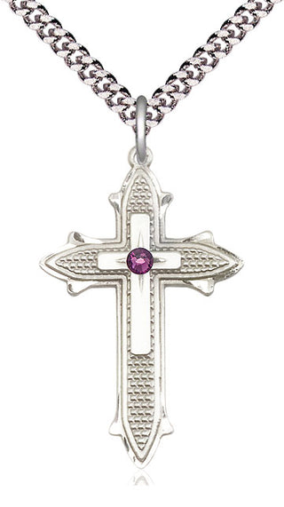 Sterling Silver Cross on Cross | 3mm Amethyst Swarovski stone | 24-inch Light Rhodium Chain | Engravable